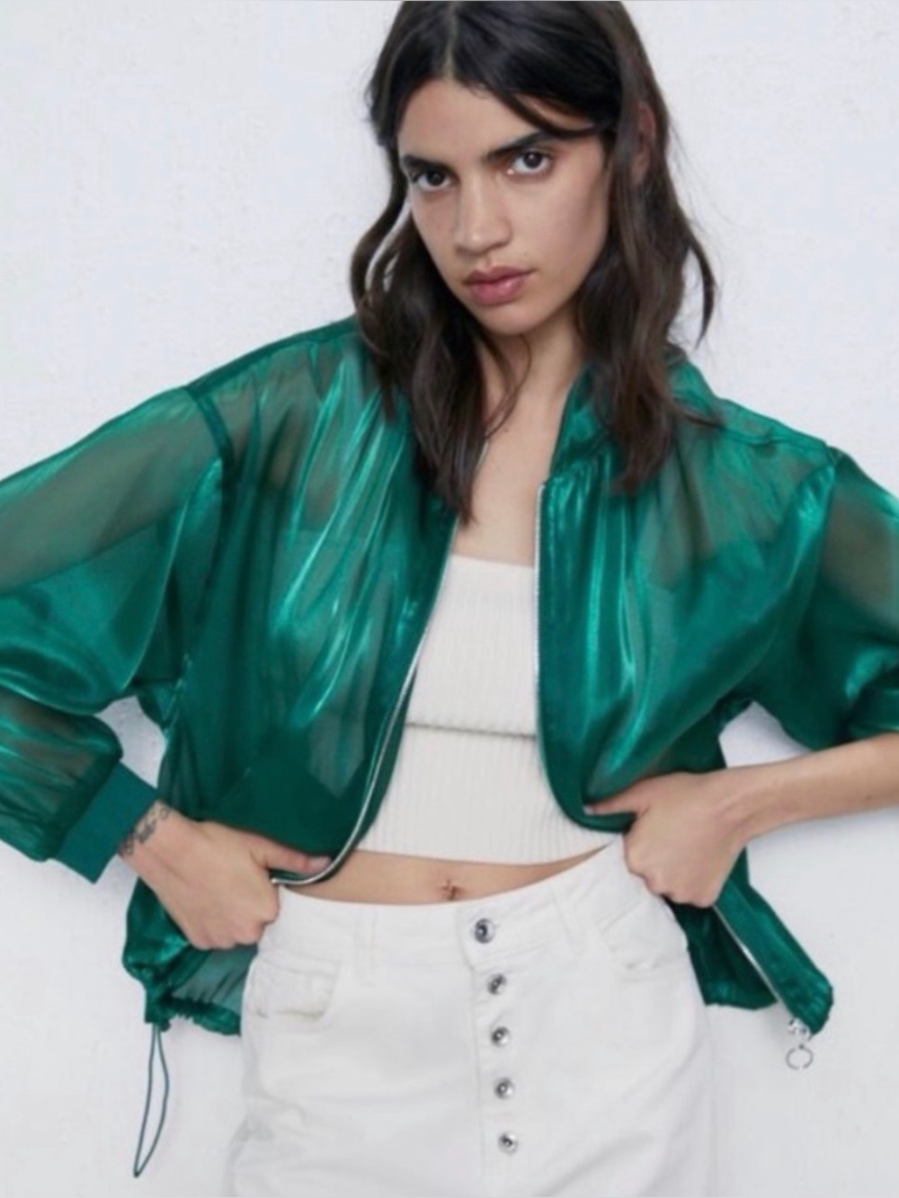 ZARA Sheer Oversized Bomber Jacket - Emerald Green - Size XL